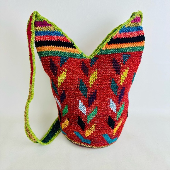 Shoulder Bucket Bag Red Crocheted Design Hippie Boho Purse Aztec Crossbody - Picture 1 of 12